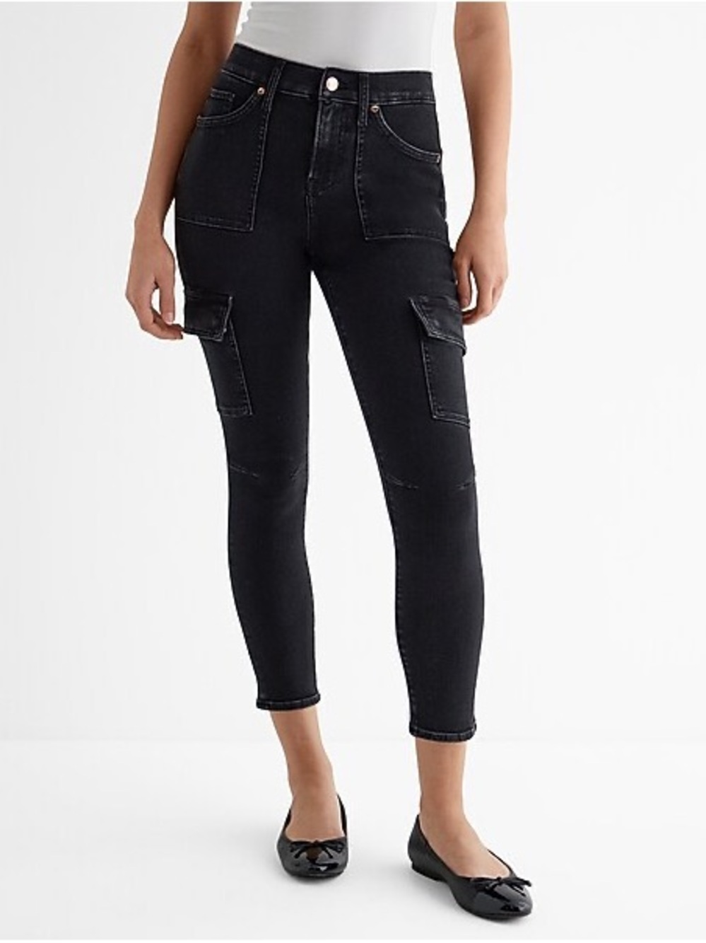 Express Mid Rise Black Cropped Skinny Cargo Jeans